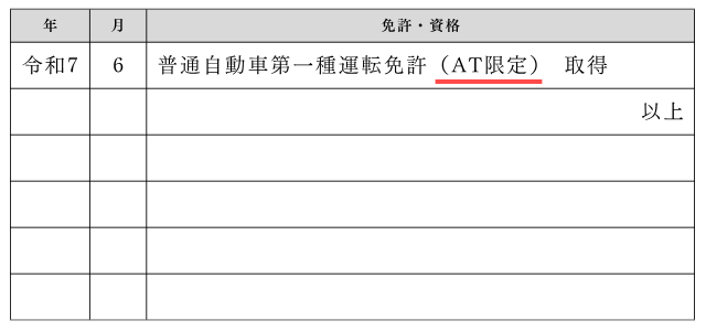 履歴書 普通自動車免許 AT限定