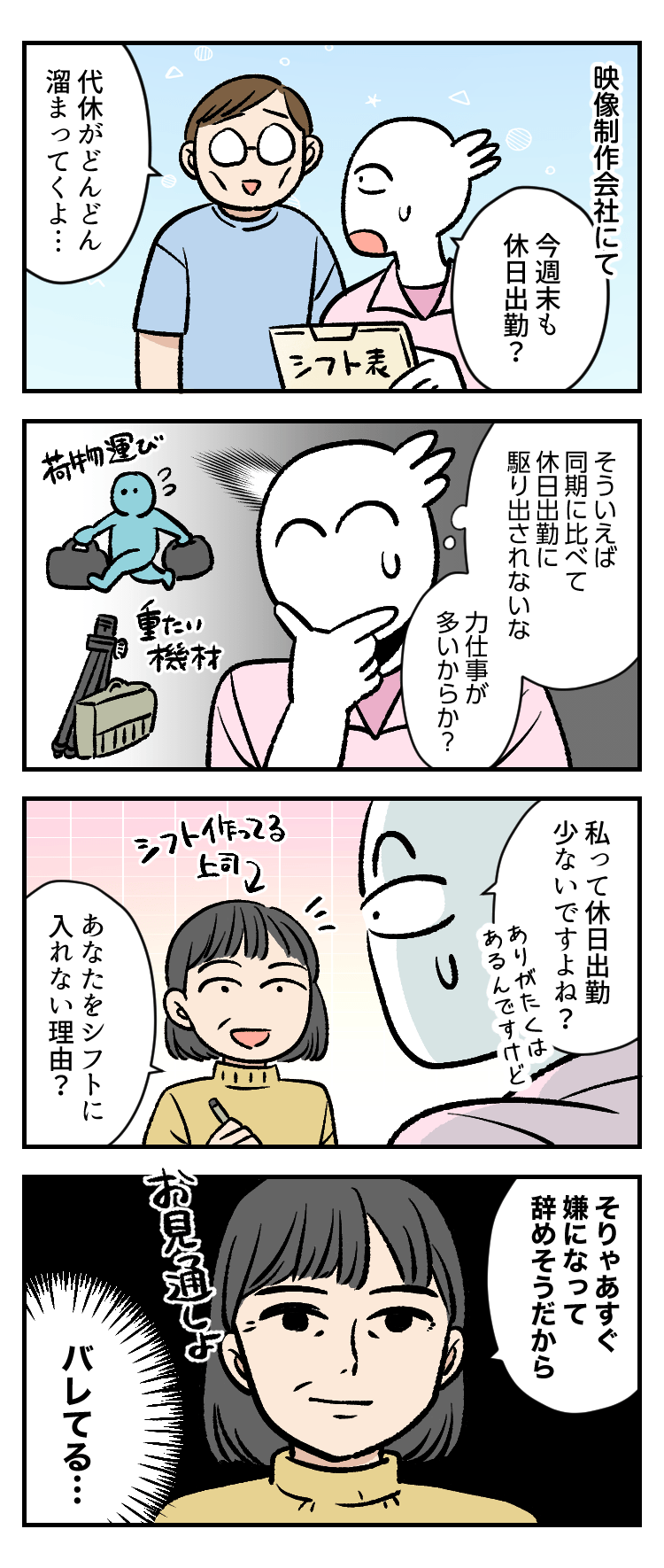 4コマ漫画「そろそろヤメどき」by秀　第9話　休日出勤が少ない理由。